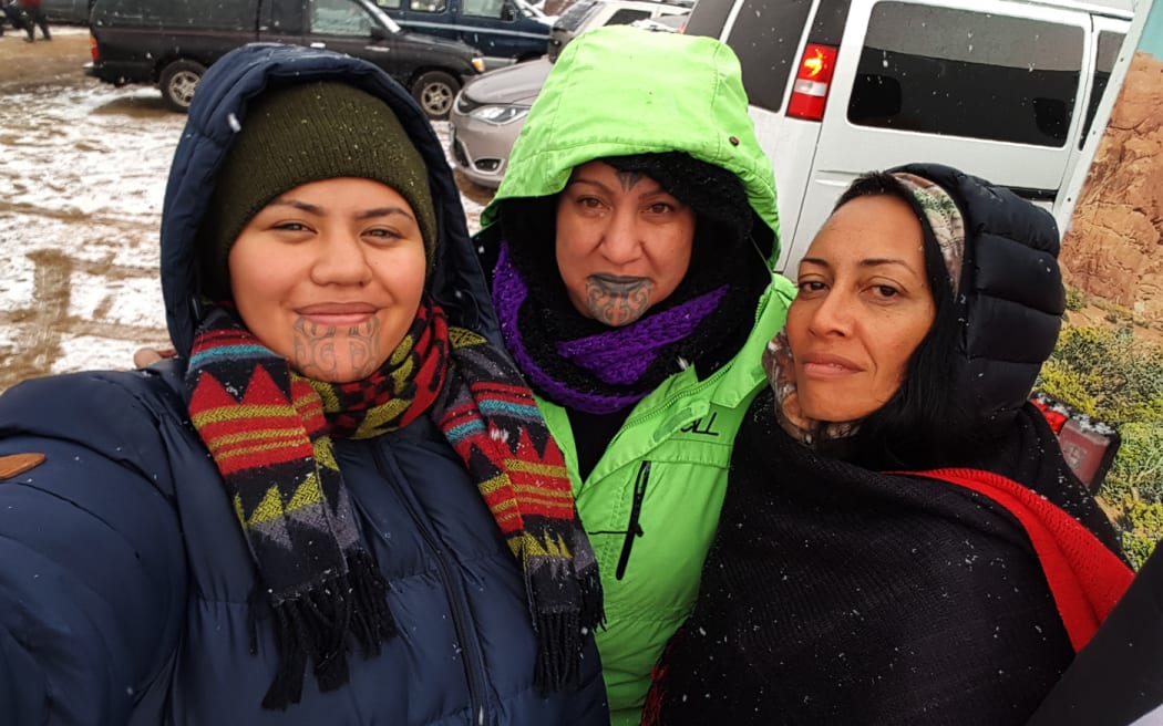 Honey Whakatope, Benita Tahuri and Ninakaye Taanetinorau at Standing Rock.