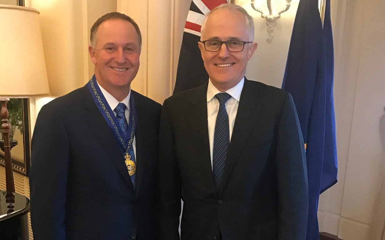 Former NZ PM Sir John Key and Malcolm Turnbull after Sir John was made an Honorary Companion in the Order of Australia today.