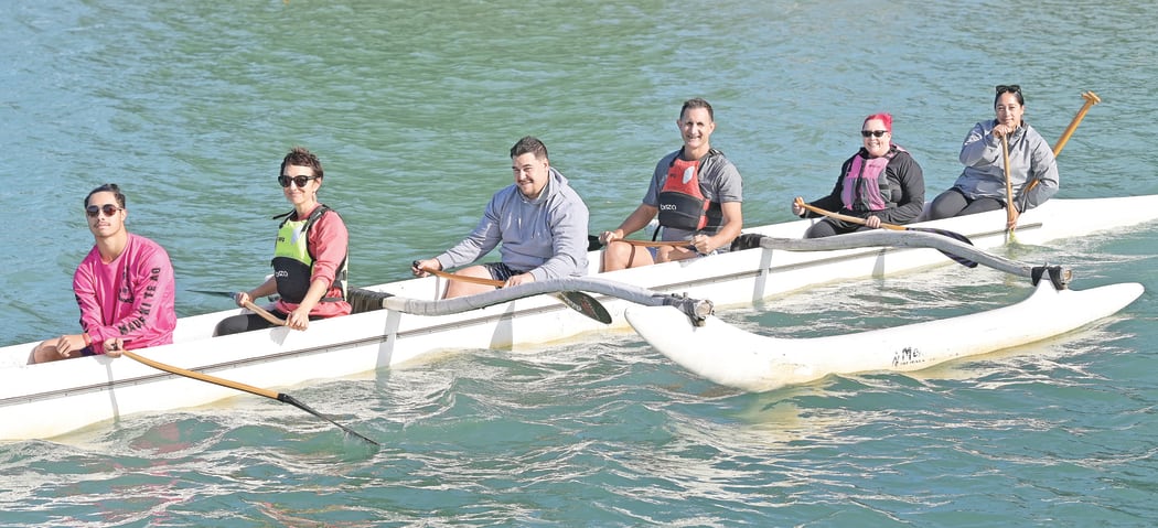 The Let the River Speak team having a go at Waka Ama - from left, Mahaki Tureia, Dr Billie Lythberg, Josiah Cook, Dr Dan Hikuroa, Dr Siouxsie Wiles and CC Tureia.