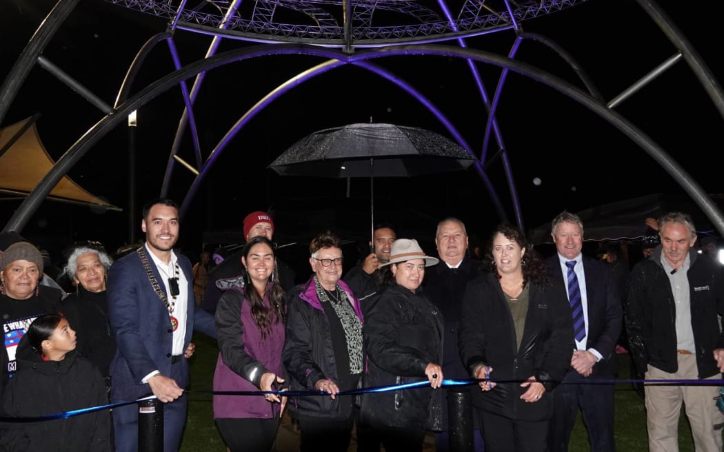 Far North District councillor Felicity Foy and former Te Hiku Revitalisation Project manager Andrea Panther, with Far North Mayor Moko Tepania and other councillors, cut the ribbon to Kaitāia's new town square.