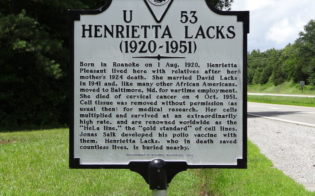 A sign in Roanoke, USA, describing Henrietta Lacks' contribution to science.