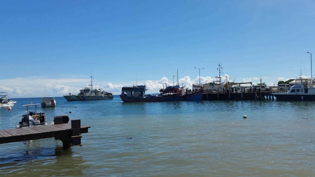 Vietnamese blue boats seized on Sunday in Solomon Islands Rennell and Bellona province, for allegedly fishing illegally off of Indispensable Reef, dock at the Patrol Boat Base in Honiara on Wednesday 29-03-2017.