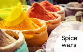 The words "Spice wars" is superimposed over abstract shapes resembling plates and textured background.