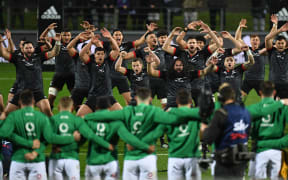 Māori All Blacks perform a haka ahead of the start of the match against Ireland at FMG Waikato Stadium, Hamilton, New Zealand on 29 June 2022.