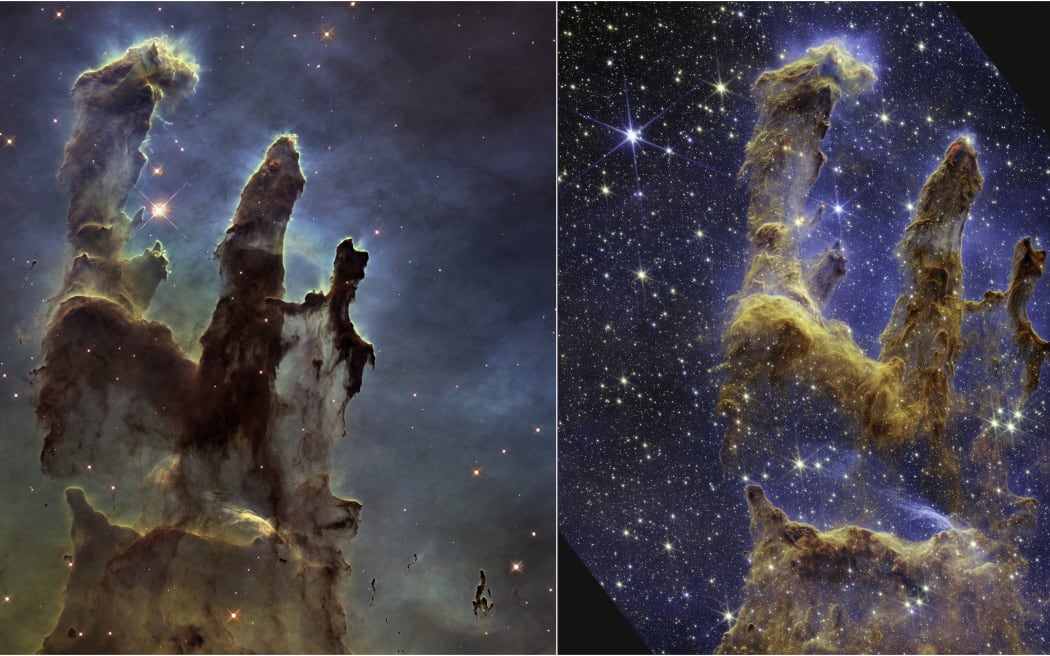 The Pillars of Creation that are set off in a kaleidoscope of color in NASA’s James Webb Space Telescope’s near-infrared-light view (right) compared to the Hubble's telescope 2014 wider view in visible light (left).