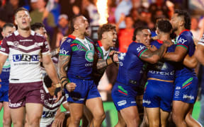 Warriors celebrate winger Roger Tuivasa-Sheck try against Manly.