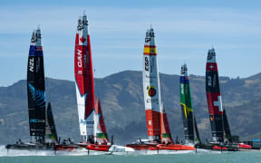The SailGP F50 catamaran fleet in action on Lyttelton Harbour 2023.