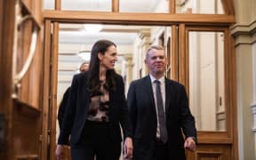Jacinda Ardern and Chris Hipkins at Parliament ahead of his confirmation as the 41st Prime Minister of New Zealand.
