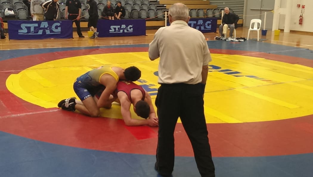 A scene from the New Zealand wrestling championships.