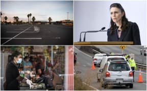 New Zealand life in lockdown - an empty supermarket carpark (top left), Jacinda Ardern addressing the media, an essential worker wearing protective gear and police doing checks on the road.