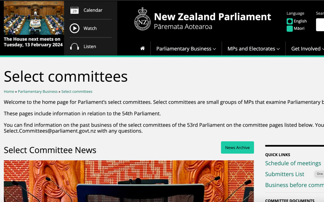 The home page of Parliament select committees.
