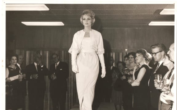 Babs Radon Wellington parade for Australian fashion buyers, 1963. PM Keith Holyoake can be seen smoking in the background.