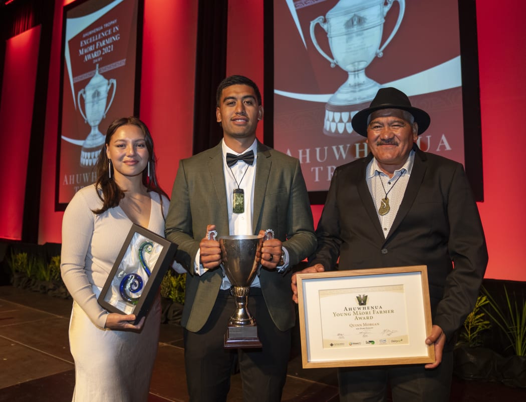 Quinn Morgan, centre, was announced as the winner at a gala dinner in New Plymouth, Taranaki.