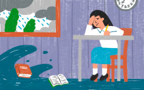 Stylised illustration of student in flooded classroom