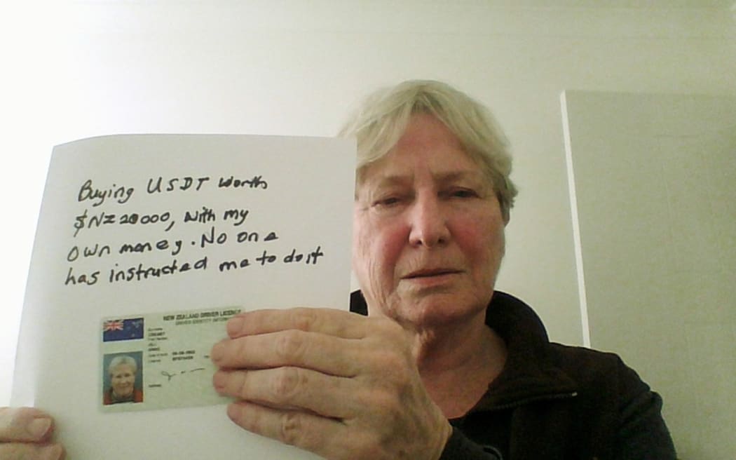 The scammers instructed Taranaki grandmother Jill Creasy to take this photo to demonstrate she was not being coerced into purchasing Bitcoin.