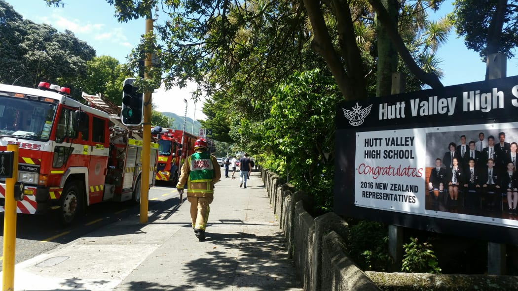 Firefighters attend a fire at Hutt Valley High School.