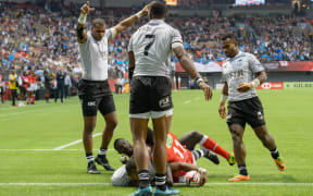 Fiji celebrates a try by Paula Dranisinukula en-route to winning the Vancouver Sevens.