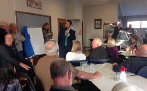National leader Simon Bridges speaks to a packed house at the Warkworth RSA.