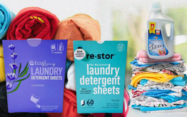 EcoLiving Laundry Detergent Sheets with lavender scent, Re-Stor Laundry Detergent Sheets fresh linen scent, Shotz Laundry Liquid.