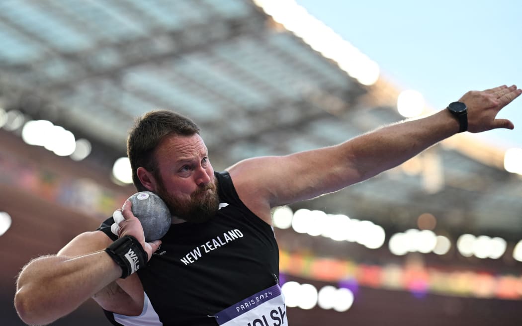 New Zealand's Tom Walsh competes in the men's shot put qualification of the athletics event at the Paris 2024 Olympic Games at Stade de France in Saint-Denis, north of Paris, on August 2, 2024. (Photo by Ben STANSALL / AFP)