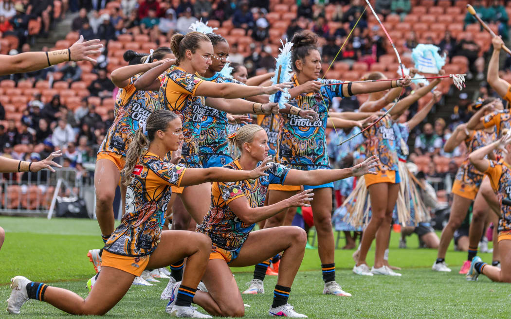 Indigenous during a cultural performance during the Maori v Indigenous, Harvey Norman Women’s All Stars Rugby League match at FMG Stadium, Hamilton, New Zealand on Sunday 15 February 2026. Photo: DJ Mills / Photosport