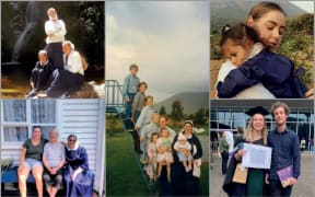 Images from top left: With friends at Gloriavale; with her grandmother and mother - the first time all three had been together. Middle: A family photo. Top right: Hugging her niece in India; with partner Kevin on her graduation day.