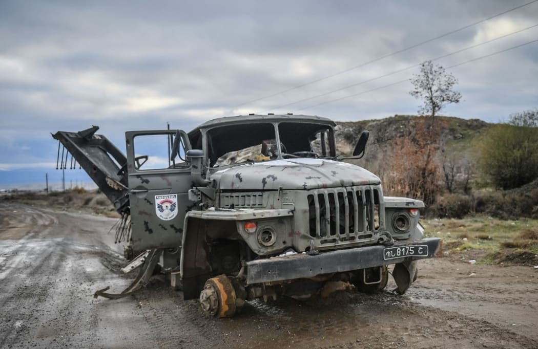 An abandoned Armenian military vehicle in Jabrayil District, which came under the control of Azerbaijan.