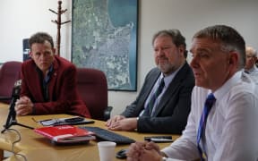 From left, museum director Douglas Lloyd Jenkins, Napier mayor Bill Dalton and council chief executive Wayne Jack at a news conference on Wednesday.