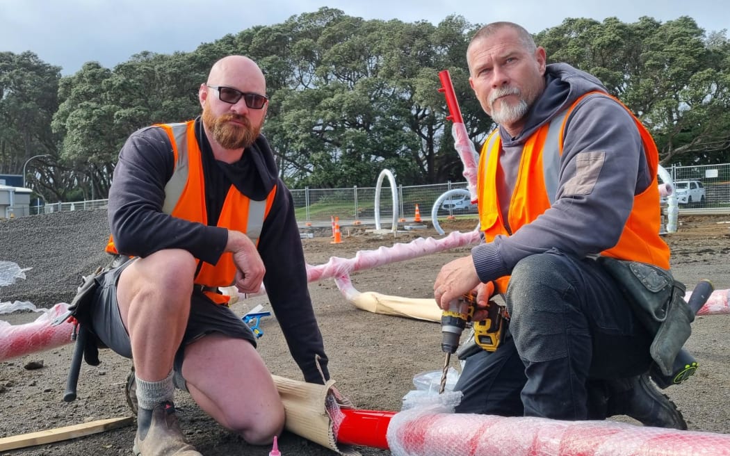 Gideon Washer, left, and Earl Pennington of Build Skills Construction were putting together the Pohutukawa Net Climber.