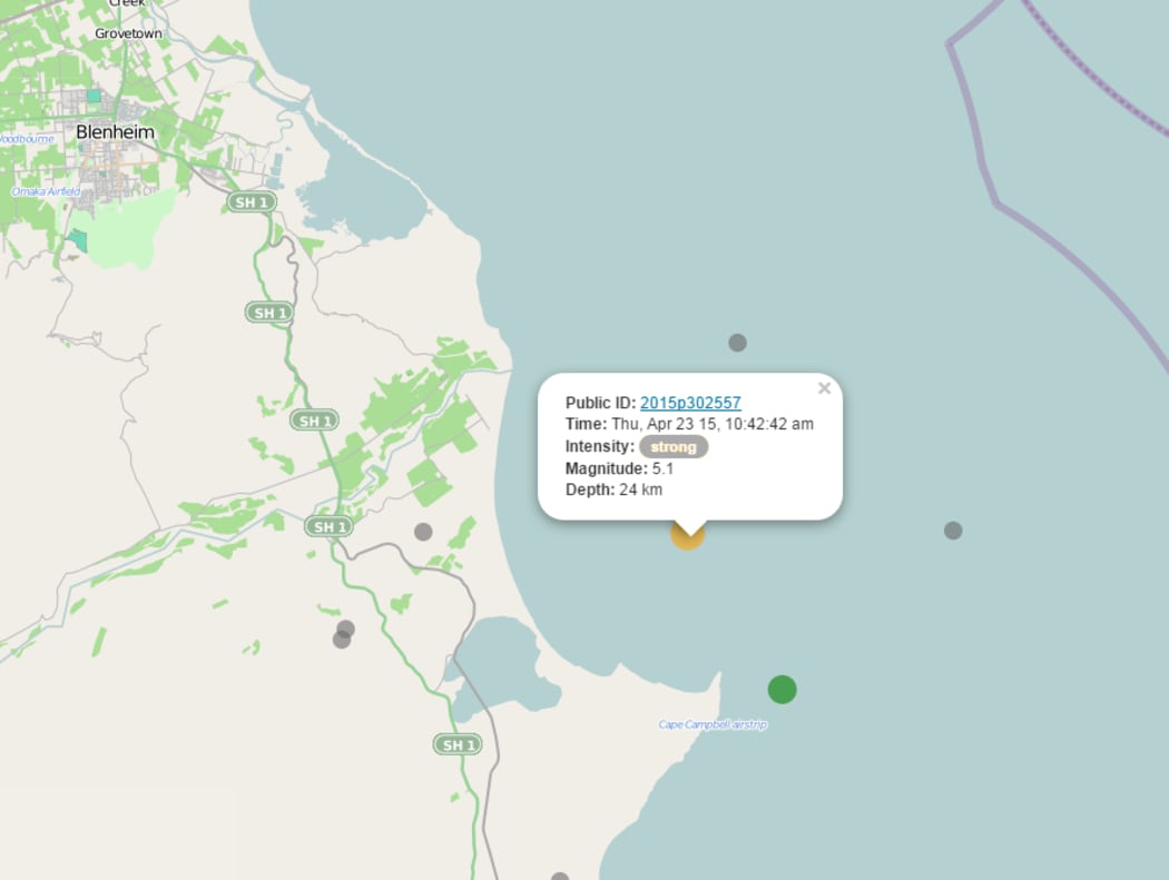 The epicentre of the first earthquake is shown in green; the second is shown in orange.