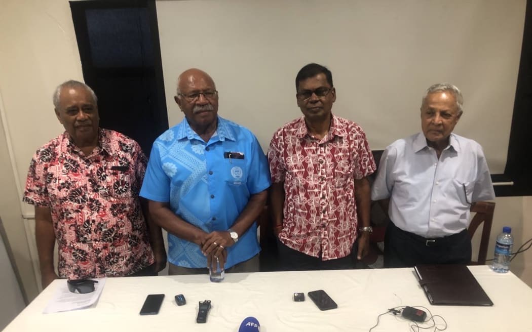 Fiji opposition party leaders from left to right Savenaca Narube (UFP), Sitiveni Rabuka (PAP), Biman Prasad (NFP) and Mahendra Chaudhry (FLP) 15 December 2022