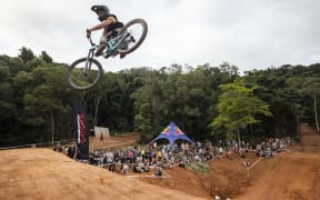 Robin Goomes performs during the Whip Off Championships at Crankworx World Tour 2023 Stop 2 in Cairns.