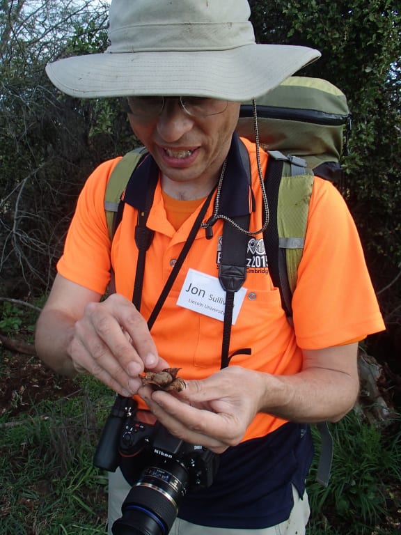 Jon Sullivan investigates an earthstar fungus during a recent Ecoblitz.
