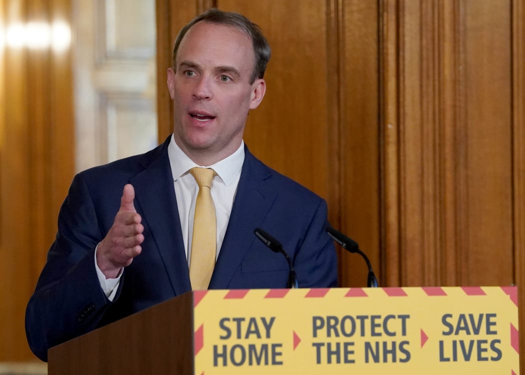 A handout image released by 10 Downing Street, shows Britain's Foreign Secretary Dominic Raab speaking during a remote press conference to update the nation on the COVID-19 pandemic, inside 10 Downing Street in central London on April 7, 2020.