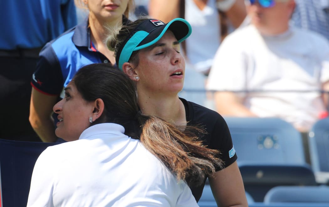 Marina Erakovic receives treatment for a knee injury. US Open 2015.