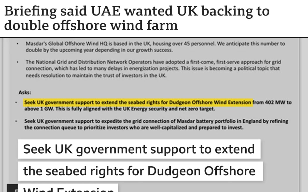 A briefing document by UAE's COP28 team, leaked to the BBC, showing UAE wanted UK backing to double an offshore wind farm.