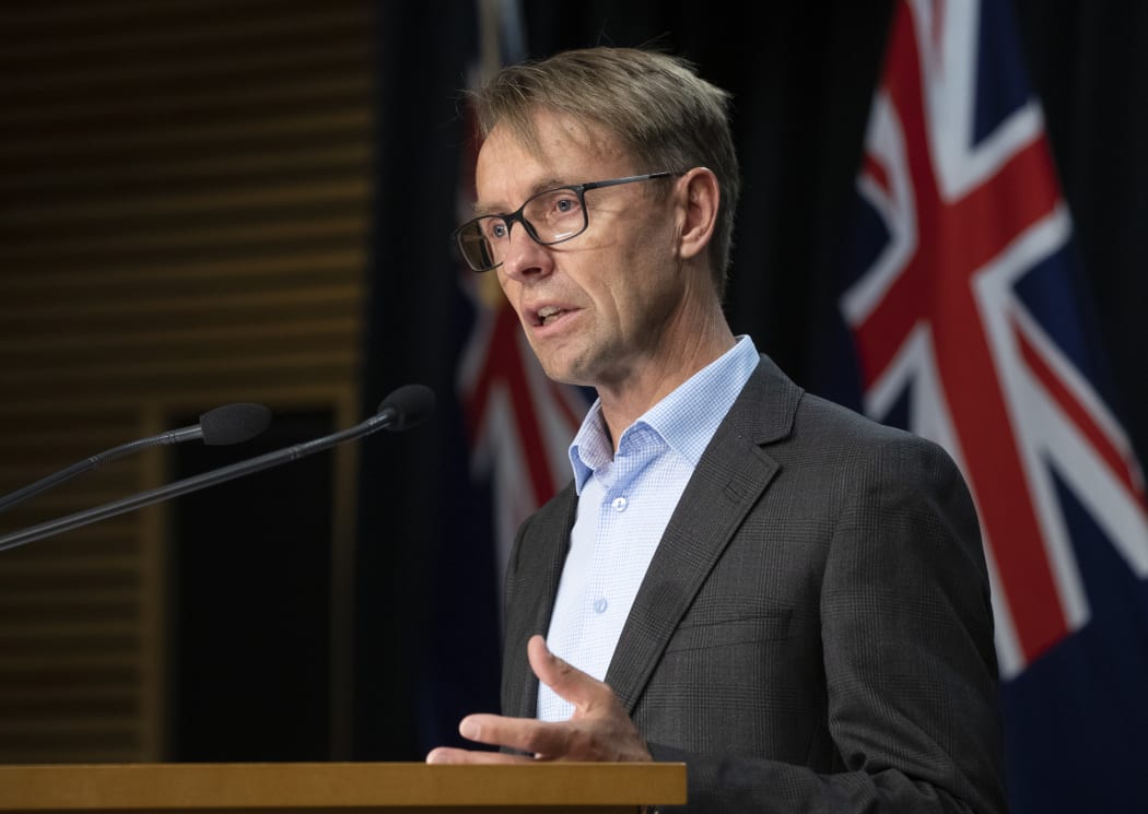 Director-General of Health Dr Ashley Bloomfield during the press conference with Prime Minister Jacinda Ardern, after she announced the country will move to red traffic light settings, at the Beehive on 23 January 2022.