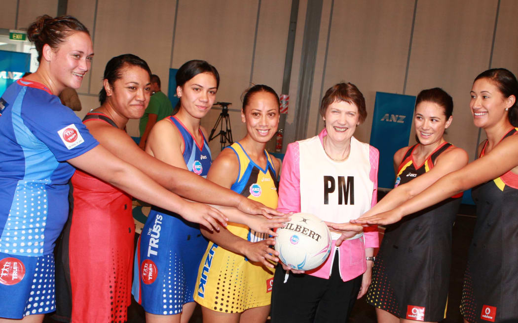 New Zealand Prime Minister Helen Clark and players at the launch of the new ANZ Netball Championship. Britomart Pavilion, Auckland, New Zealand, Thursday 27 March 2008.