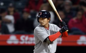 Boston Red Sox infielder Tzu-Wei Lin (5) during an at bat in the eighth inning of a game against the Los Angeles Angels of Anaheim played on April 18, 2018