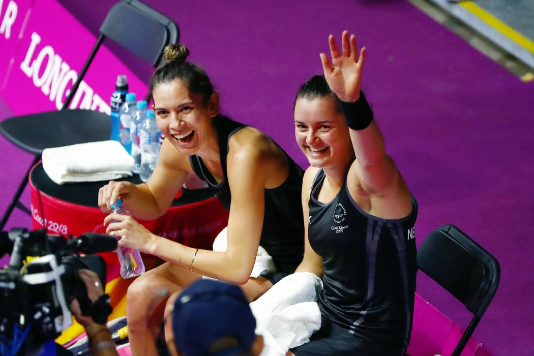 Joelle King and Amanda Landers-Murphy of New Zealand celebrate after winning against India in the Women's Doubles Gold Medal match.