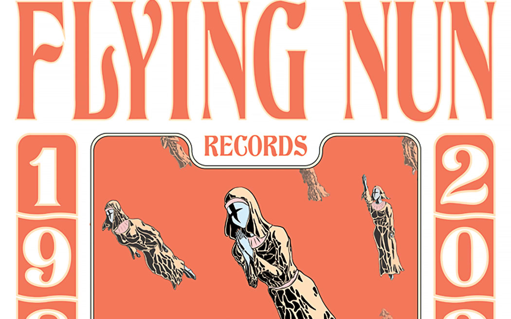 A podcast cover for "Flying Nun Records" featuring the years 1981 and 2021. The title is in bold, stylized orange text at the top. The central image shows several illustrated nuns in brown robes, depicted as if they are flying, against a peach background. The words "Flying Nun" are flanked by the years 1981 on the left and 2021 on the right, both in vertical orientation.