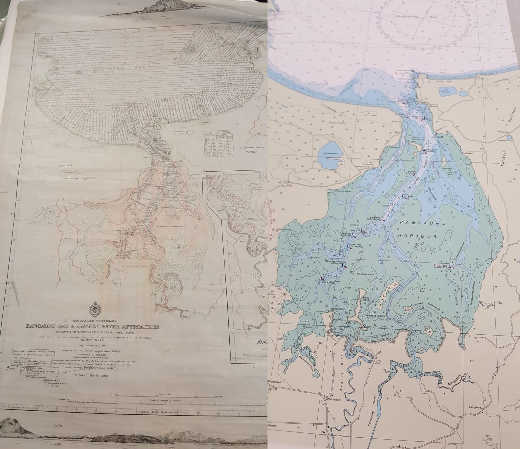 A 60-year old marine chart of Rangaunu Harbour, left, next to a modern nautical chart of the same harbour.