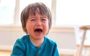 A photo of an angry, crying little toddler boy
