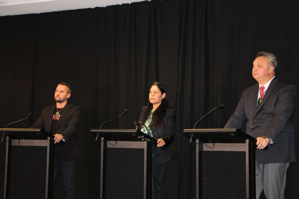 The candidates running in Te Tai Tonga at a Ngāi Tahu hosted debate on Tuesday (L-R) the Māori party's Tākuta Ferris, Green party candidate Ariana Paretutanganui-Tamati and Labour-incumbent Rino Tirikatene