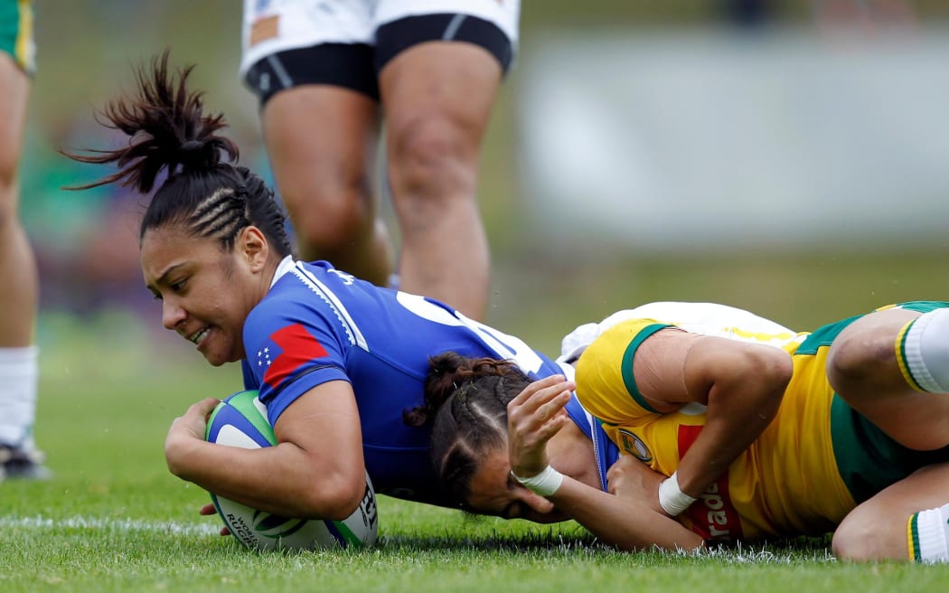 Justine Manaia Iopu scores a try during the Women's Sevens Series qualifier in Dublin.