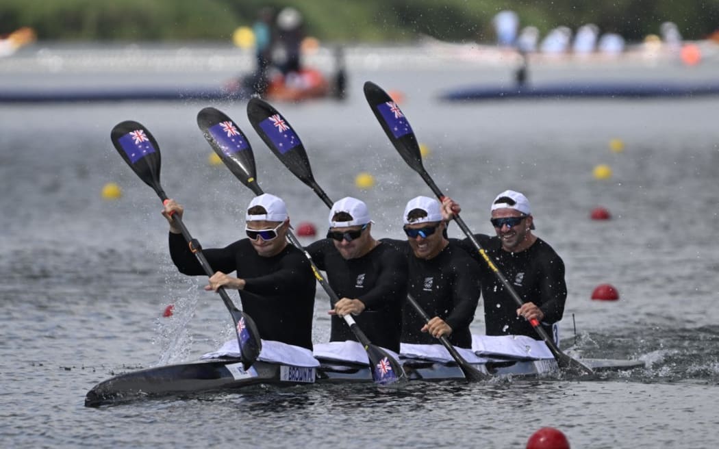 (FROM L) New Zealand's Max Brown, Grant Clancy, Kurtis Imrie and Hamish Legarth compete in the men's kayak four 500m semifinal of the canoe sprint competition at Vaires-sur-Marne Nautical Stadium in Vaires-sur-Marne during the Paris 2024 Olympic Games on August 8, 2024. (Photo by Olivier MORIN / AFP)