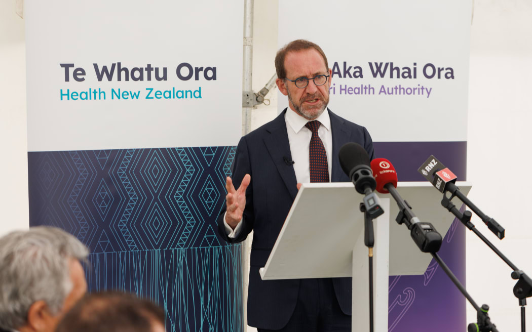 Health minister Andrew Little, flanked by the country's top health sector leaders, launches a new interim health plan for the country outside Taupō Hospital today.