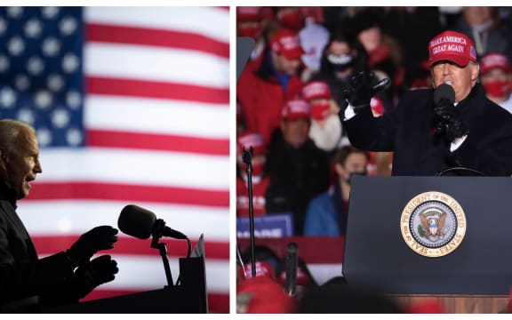 Presidential candidates; former VP Joe Biden for the Democrats, and the incumbent president Donald Trump for Republicans, at rallies on 2 November.