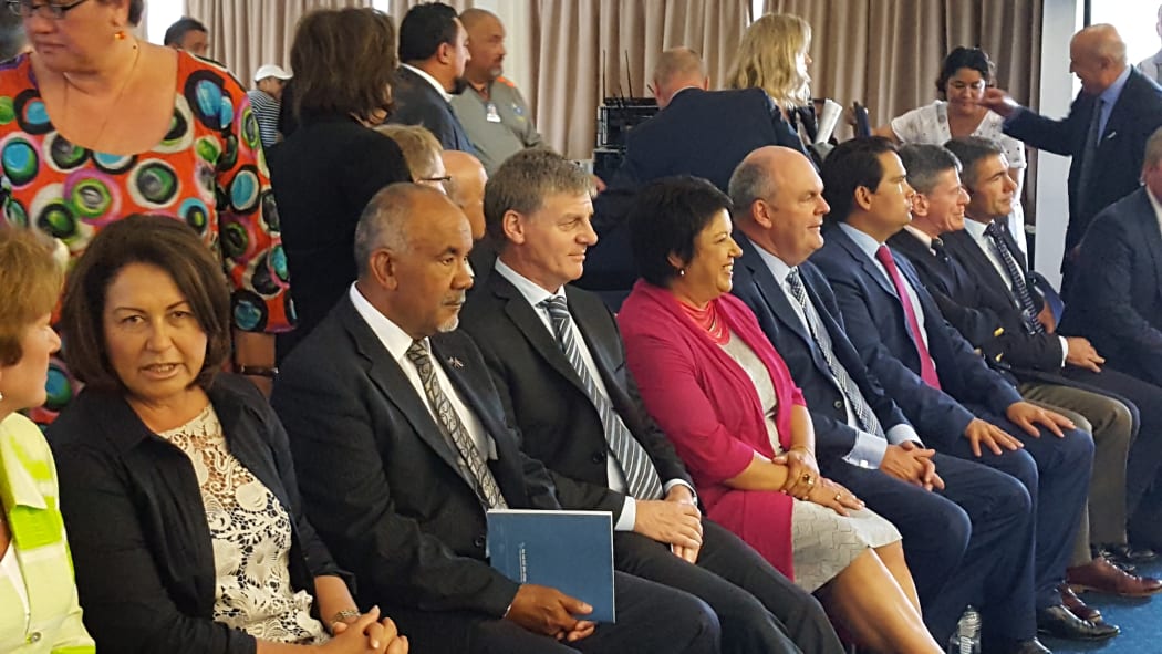 Politicians, including Prime Minister Bill English (third from left), at Waitangi.