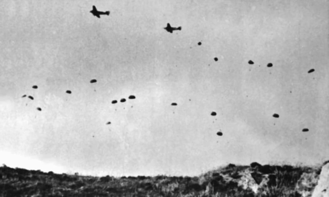German paratroopers jumping from Ju 52s over Crete, May 1941.